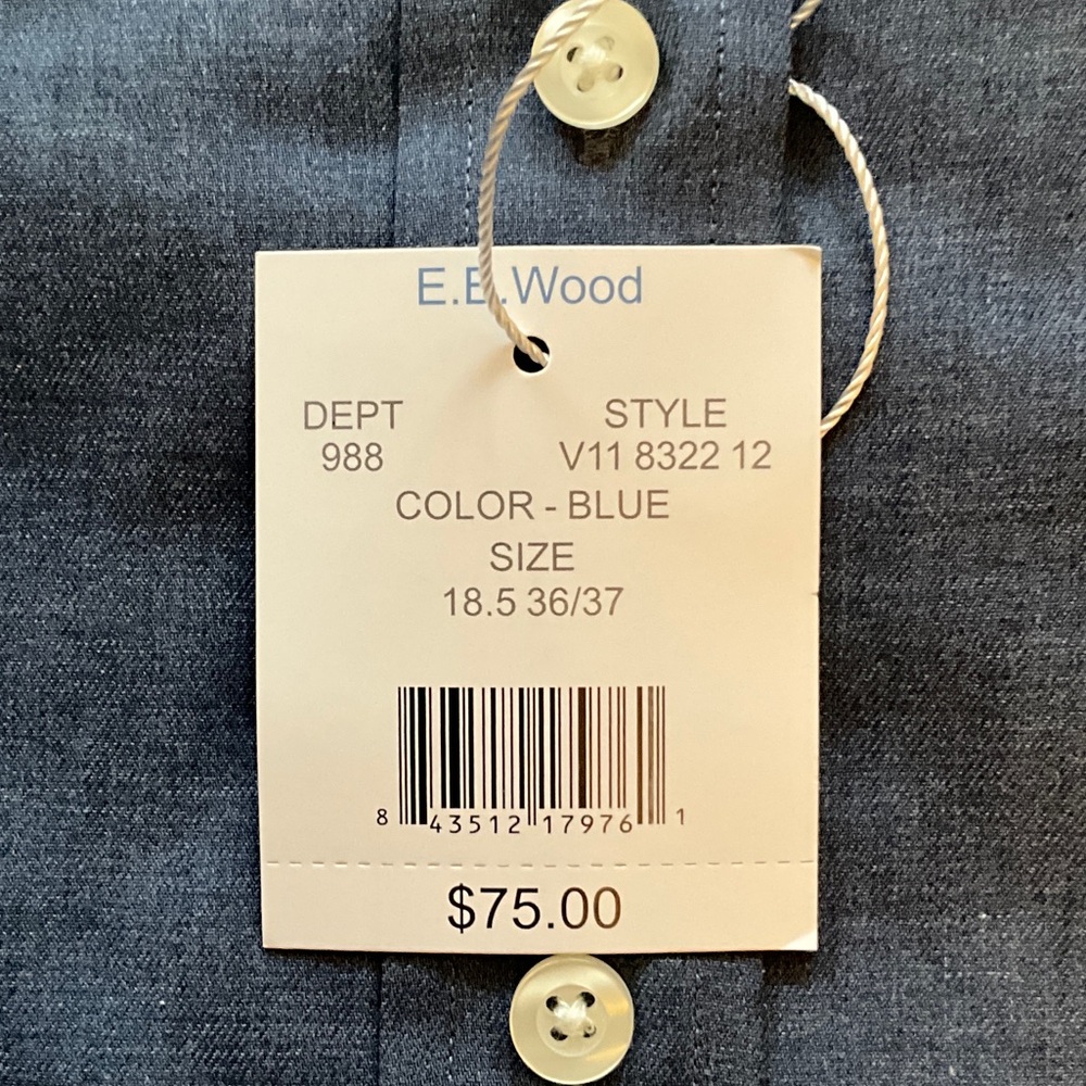 Classic Men’s Dress Shirt, EB Wood, 18 1/2, 36-37, Blue, Brand New! - Picture 4 of 4